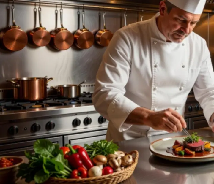 Séfünk modern konyhában dolgozik egy fine dining fogáson
