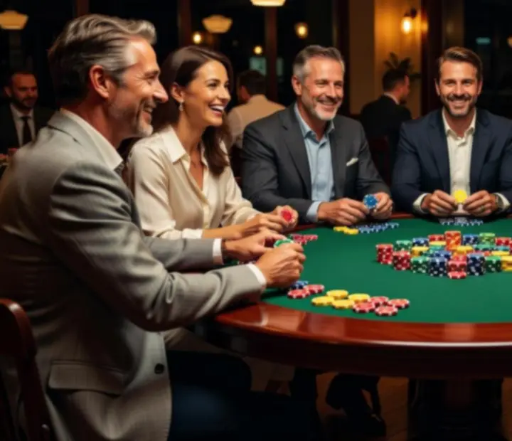 Barátságos, rekreációs poker est szimbolikus zsetonokkal egy hangulatos étteremben